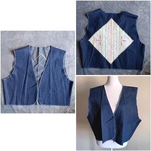 Vintage Denim Embroidered Patch, Open Front Boho Festival Vest, Size XL - XXL